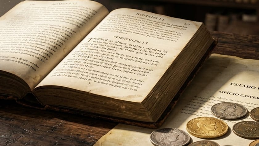 Livro antigo aberto em "Romans 13" sobre mesa de madeira, com uma moeda e um papel.