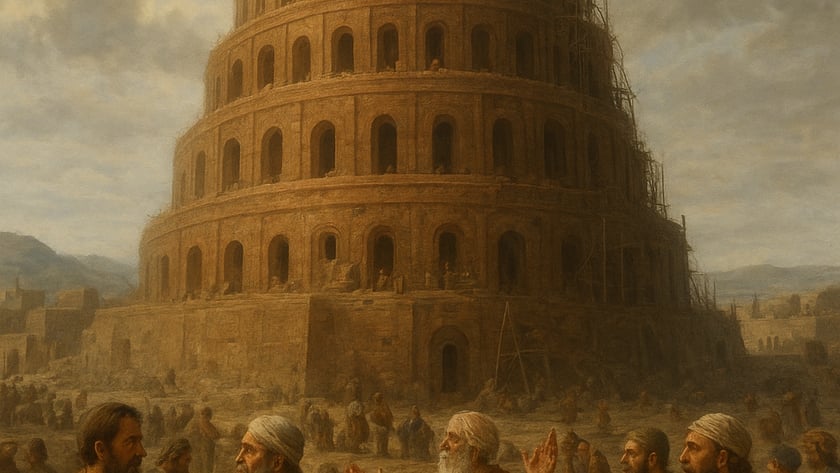 Homens conversando e gesticulando diante de uma enorme torre em espiral com andaimes