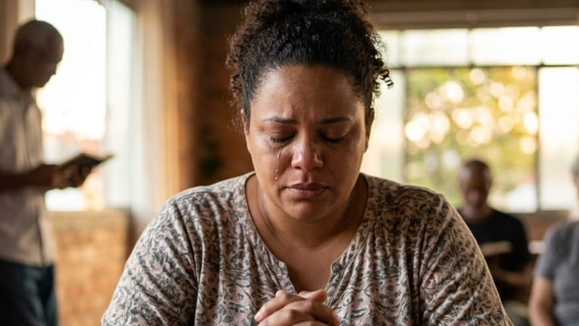 Mulher de olhos fechados e mãos postas diante de uma Bíblia aberta, chorando