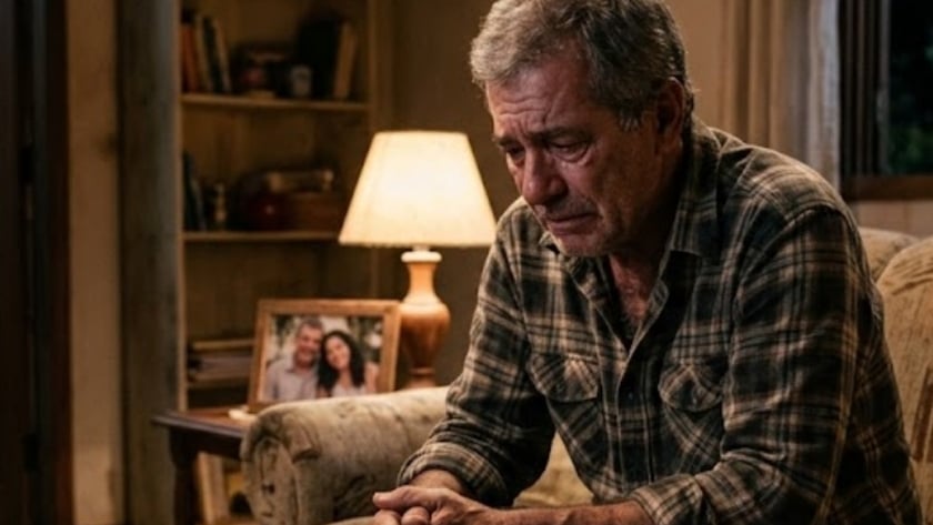 Homem grisalho de camisa xadrez sentado no sofá, de cabeça baixa, mãos entrelaçadas, em uma sala.