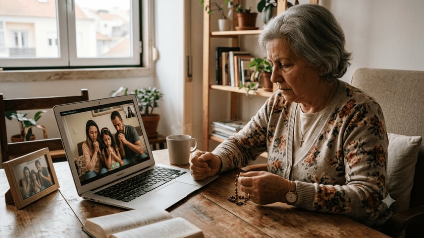 Idosa segura um terço diante de um notebook que mostra uma família rezando.