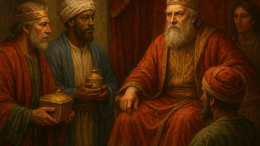 Dois homens com presentes dourados diante de um rei barbudo sentado em um trono.