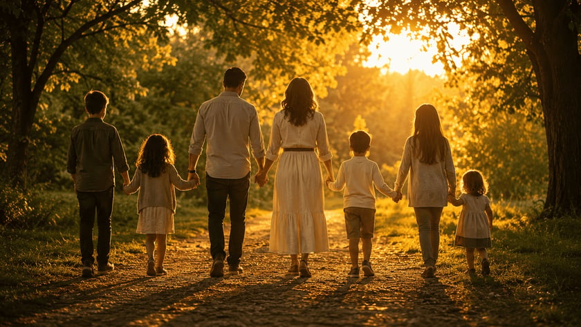 Família de costas, de mãos dadas, caminha por uma trilha de terra entre árvores.