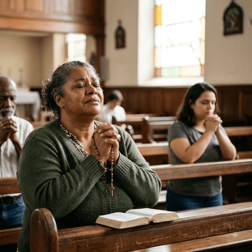 Mulher de cardigã verde reza ajoelhada com um terço na igreja, ao lado de outros fiéis.