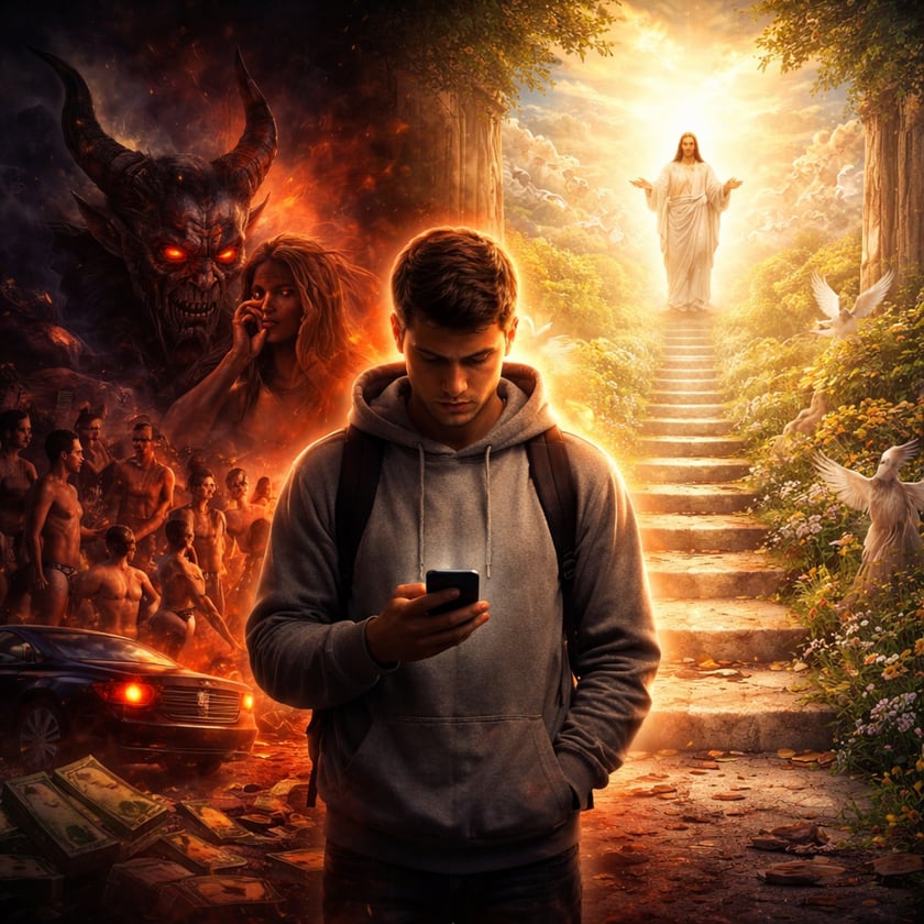 Jovem de capuz olha o celular entre um demônio em chamas e uma figura luminosa numa escada.