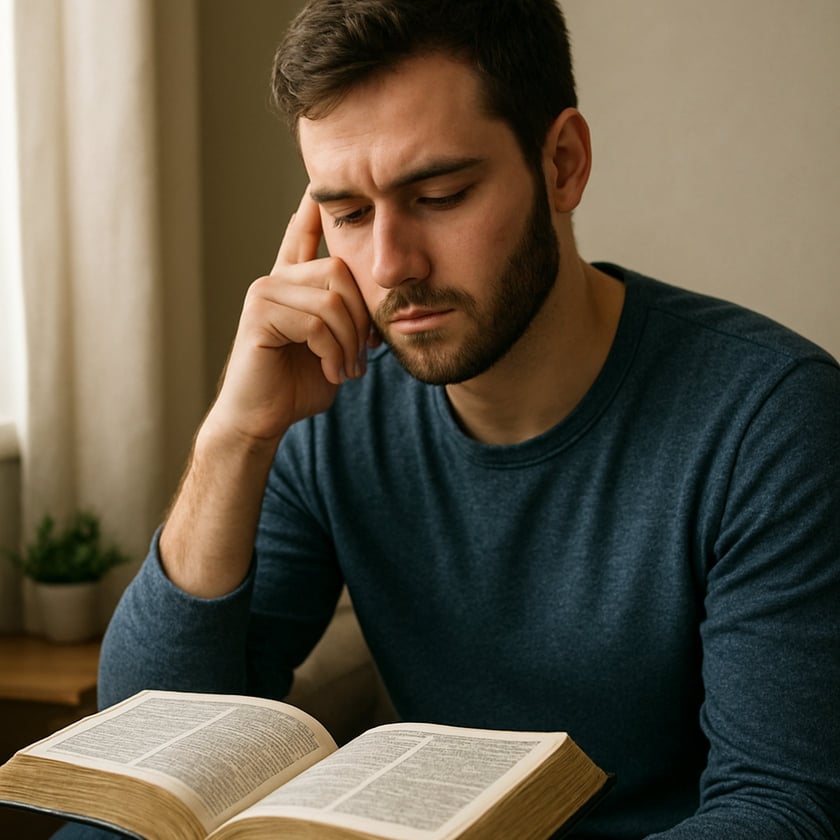 Homem barbado de camiseta azul com a mão no rosto olha um livro aberto.