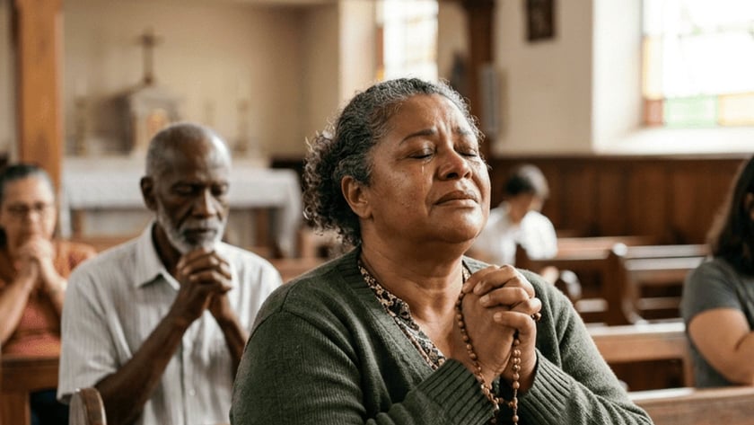 Mulher de cardigã verde reza ajoelhada com um terço na igreja, ao lado de outros fiéis.