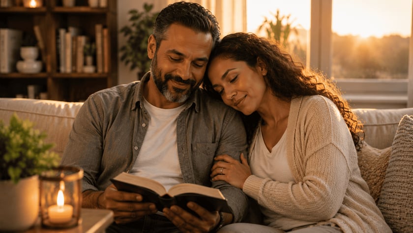 Casal sentado no sofá, o homem lê um livro e a mulher encosta a cabeça no ombro dele.