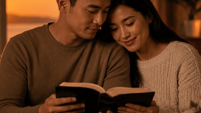 Casal sentado no sofá lê um livro juntos, com o pôr do sol na janela.