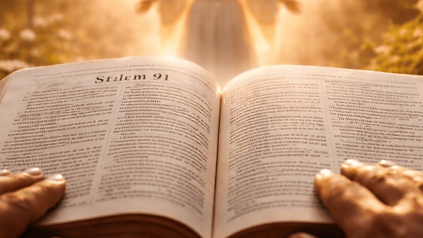 Mãos seguram uma Bíblia aberta diante de um anjo de asas brancas com braços abertos: "Stalem 91"