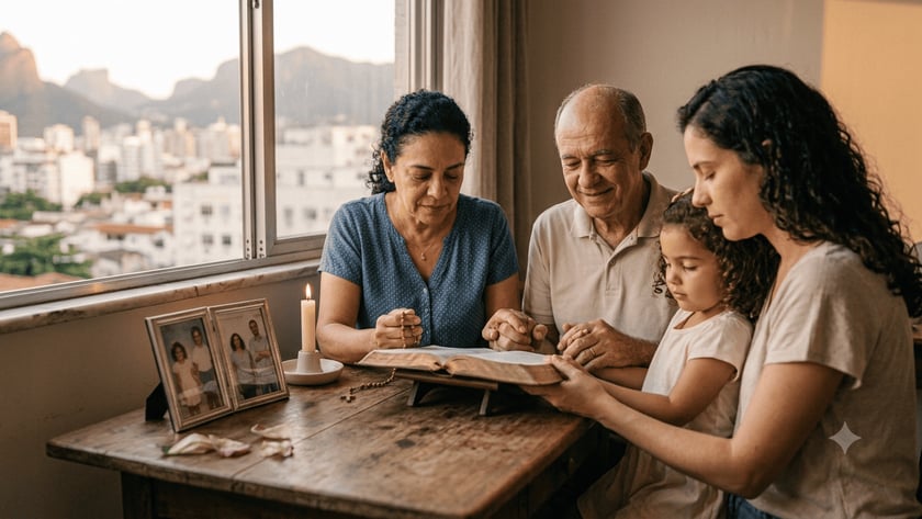 Família de três gerações reza junto à mesa, com Bíblia aberta, terço e vela.