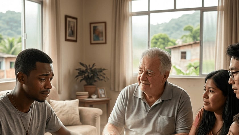 Família reunida em volta de uma mesa com Bíblias abertas e um retrato emoldurado, um jovem chora.