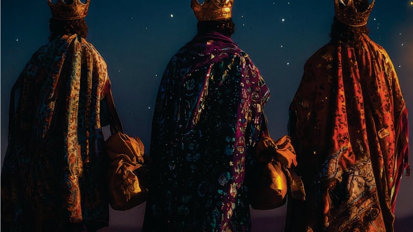 Três homens de costas, com coroas e mantos ornamentados, carregam bolsas sob um céu estrelado.