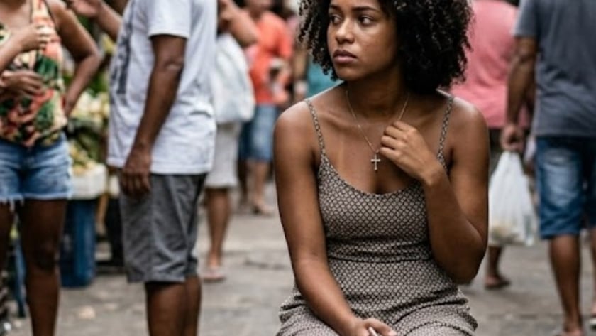 Jovem de cabelo cacheado senta num banco em rua movimentada de mercado, olhando para o lado.