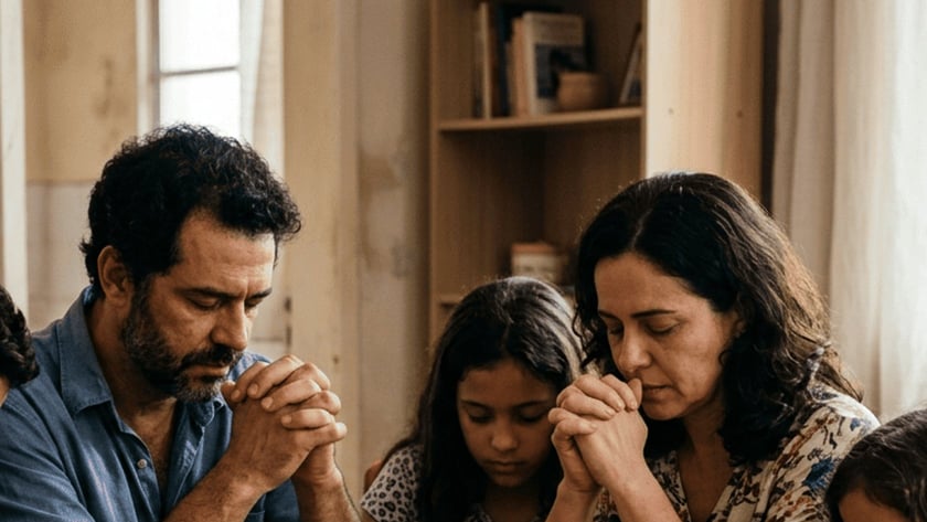 Família com pai, mãe e crianças reza de mãos juntas ao redor de uma mesa com uma Bíblia.