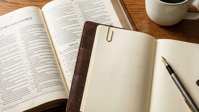 Bíblia aberta em Salmos, caderno em branco com caneta-tinteiro e xícara de café fumegante