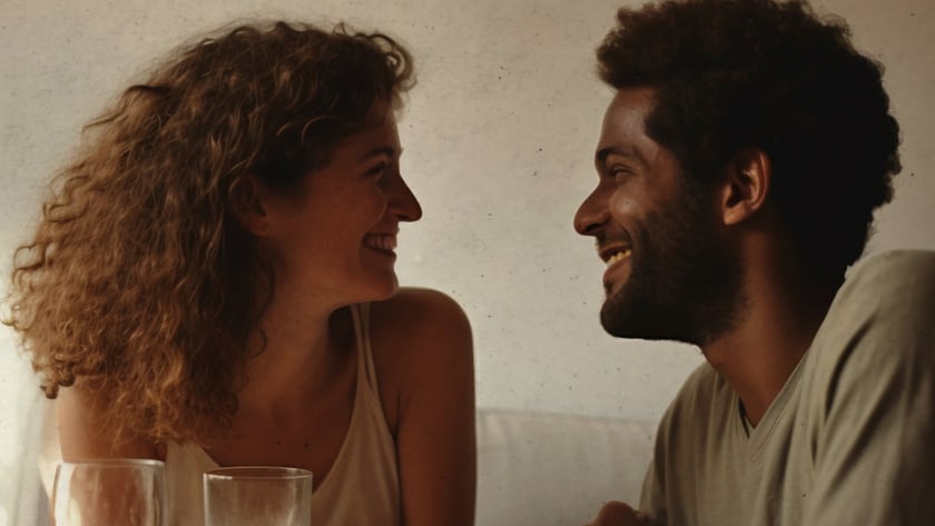 Mulher de cabelo cacheado e homem de barba sorriem um para o outro à mesa com pizza.