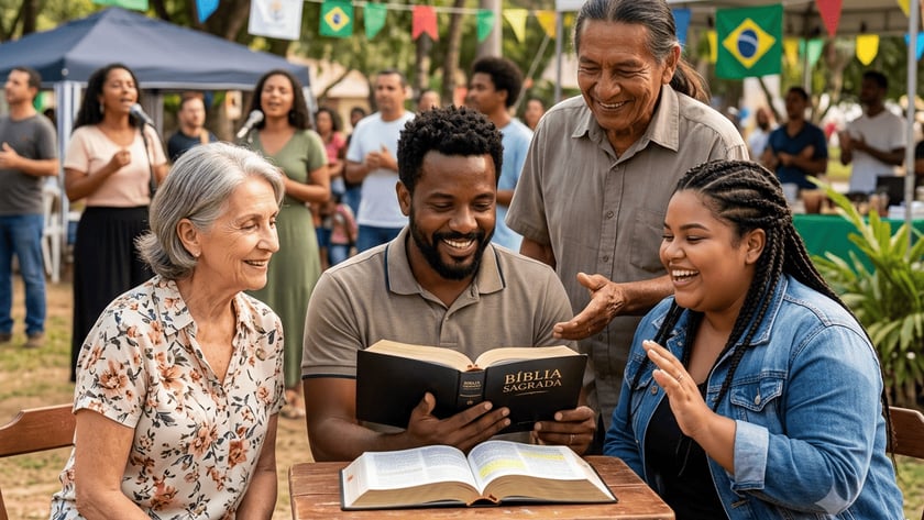 Quatro pessoas sorriem em torno de uma Bíblia aberta, em praça com bandeirinhas: "Bíblia Sagrada".