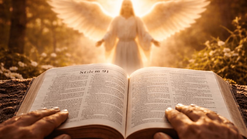 Mãos seguram uma Bíblia aberta diante de um anjo de asas brancas com braços abertos: "Stalem 91"