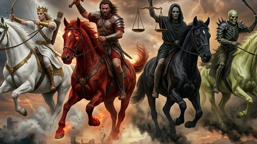 Quatro cavaleiros em cavalos branco, vermelho, preto e verde galopam sobre uma paisagem em ruínas.
