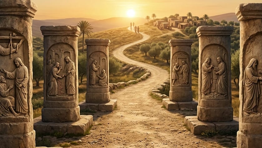 Colunas de pedra esculpidas ladeiam um caminho de terra que leva a uma vila ao pôr do sol.