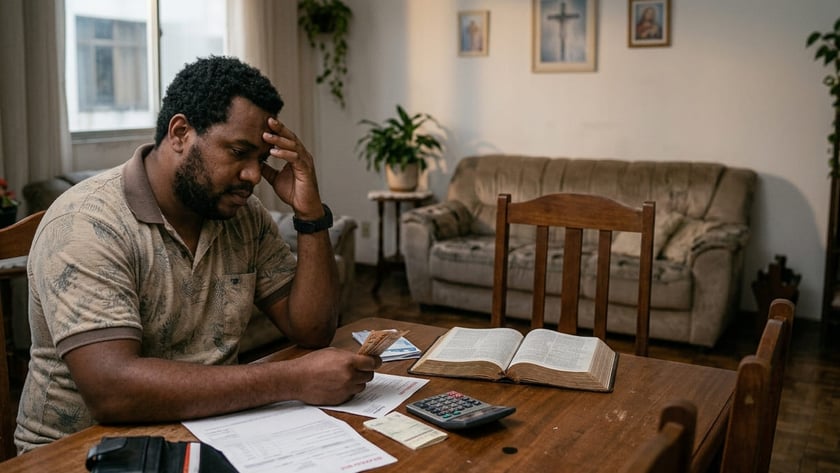Homem sentado à mesa de madeira, com a mão na testa, olha contas, dinheiro e calculadora.