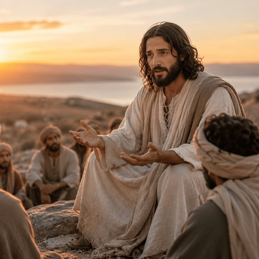 Homem de cabelo comprido e barba, em túnica clara, fala a homens sentados ao pôr do sol.