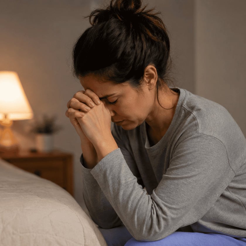 Mulher sentada na beira da cama, com as mãos unidas junto à testa e olhos fechados.