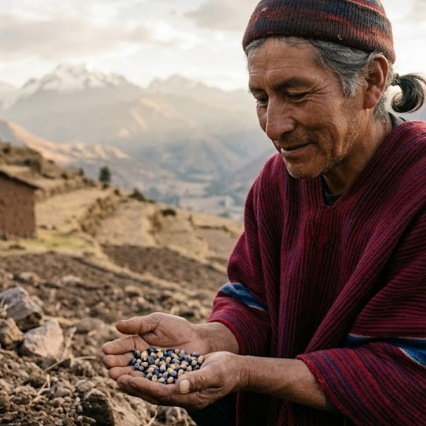 Homem de gorro e poncho vermelho segura sementes nas mãos, em terreno de montanha.