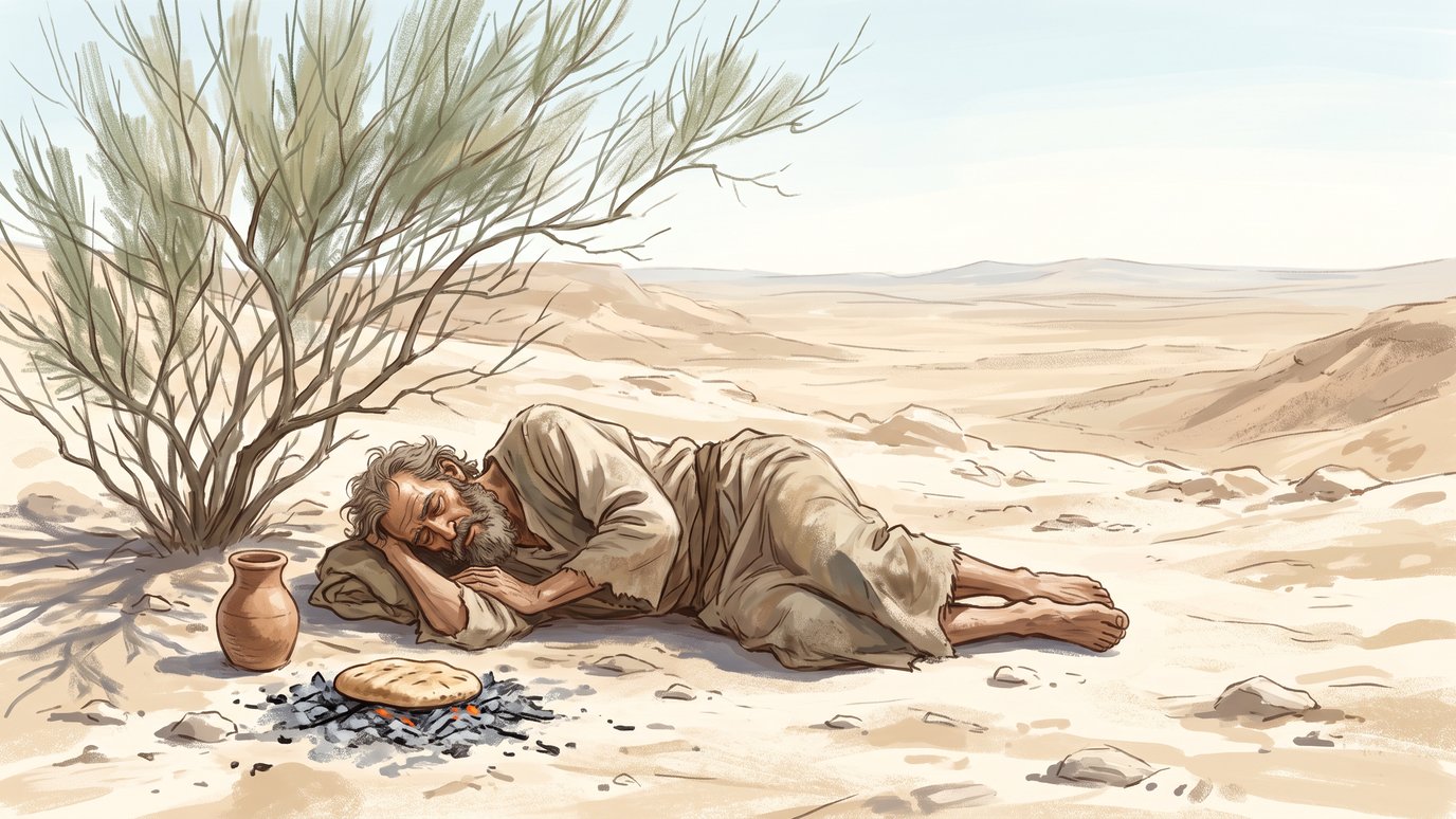 Homem barbudo dorme no deserto sob um arbusto, ao lado de um pão e um jarro.