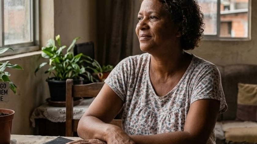 Mulher de cabelo curto e cacheado olha pela janela, sentada à mesa numa sala.