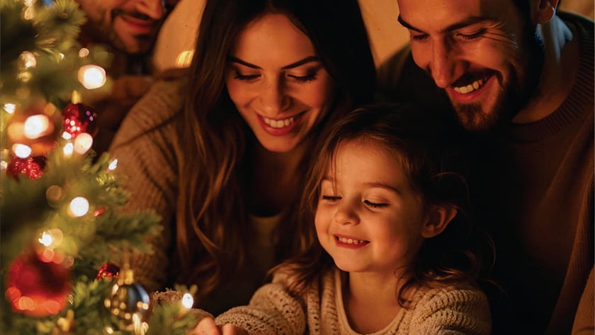 Família com uma menina decora árvore de Natal enfeitada com bolas vermelhas e luzes.