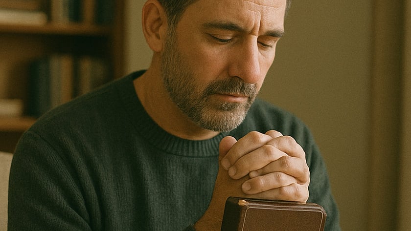 Homem de barba com as mãos unidas sobre uma Bíblia, olhos fechados, em casa: "HOLY BIBLE"