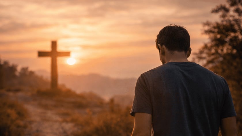 Homem de costas caminha por trilha de terra em direção a uma cruz de madeira no topo do morro.