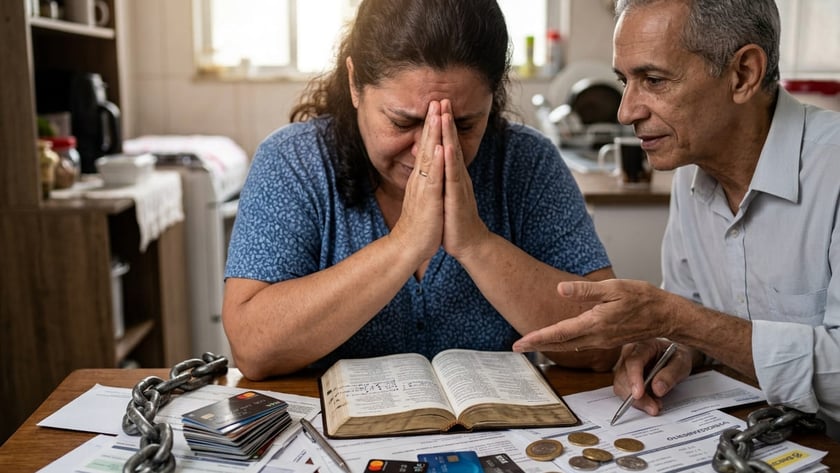 Mulher de mãos postas sobre uma Bíblia, cercada de contas e cartões, com um homem ao lado.