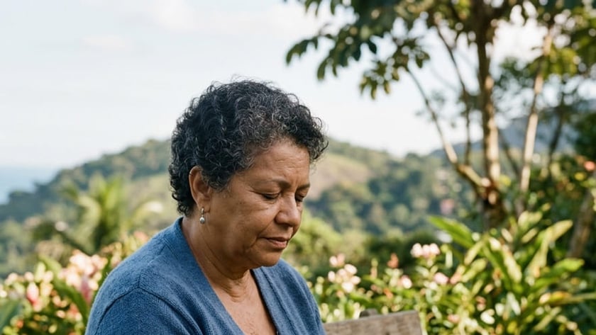 Mulher de cabelo curto e casaco azul sentada num banco de madeira, de mãos unidas, em jardim.