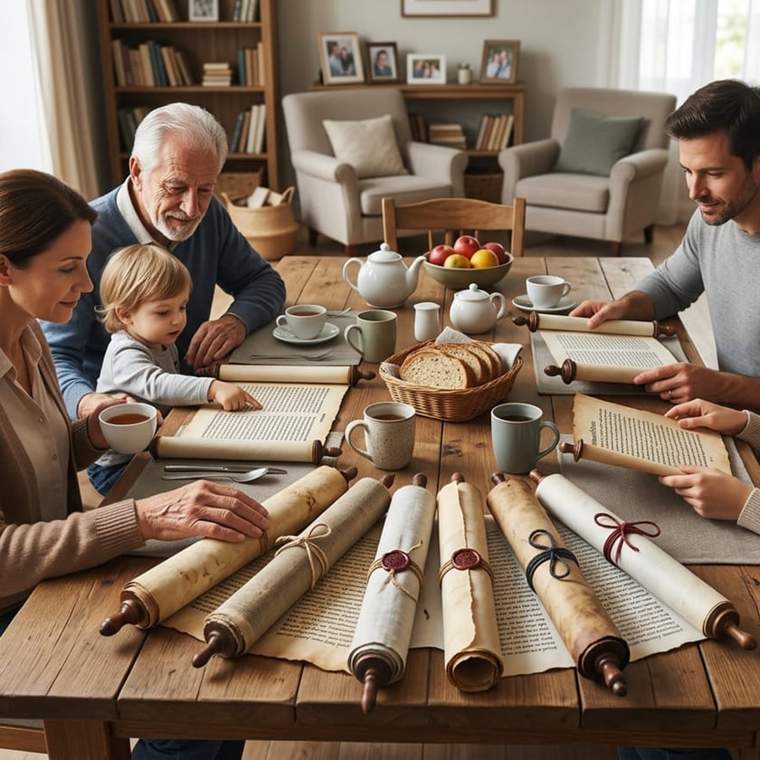Família de várias gerações ao redor de uma mesa de madeira com rolos de pergaminho e chá.