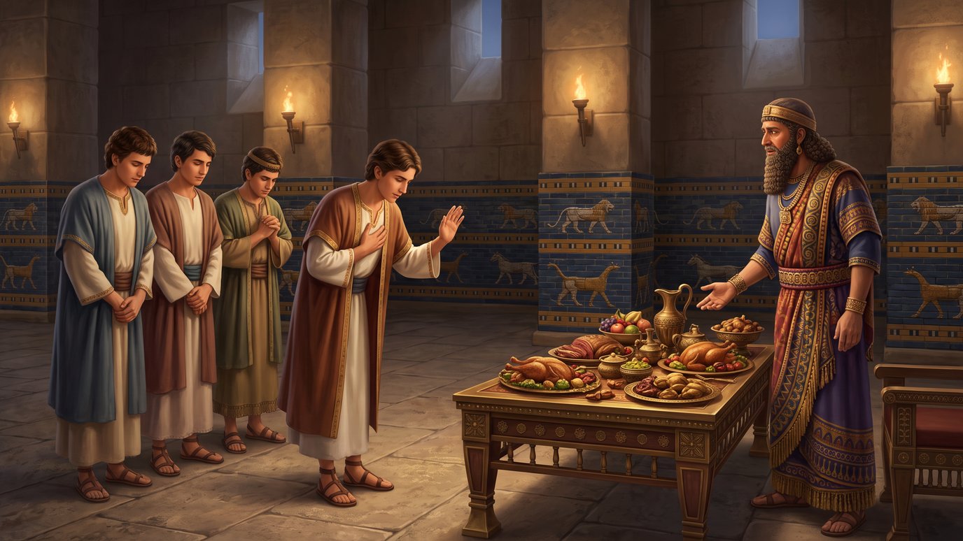 Quatro jovens em um salão antigo, um deles recusando a mesa de comida de um rei barbudo.