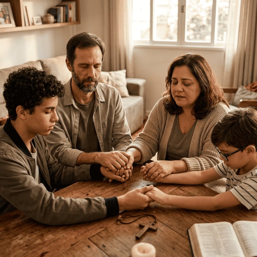 Família de quatro pessoas de mãos dadas e olhos fechados, rezando à mesa na sala.