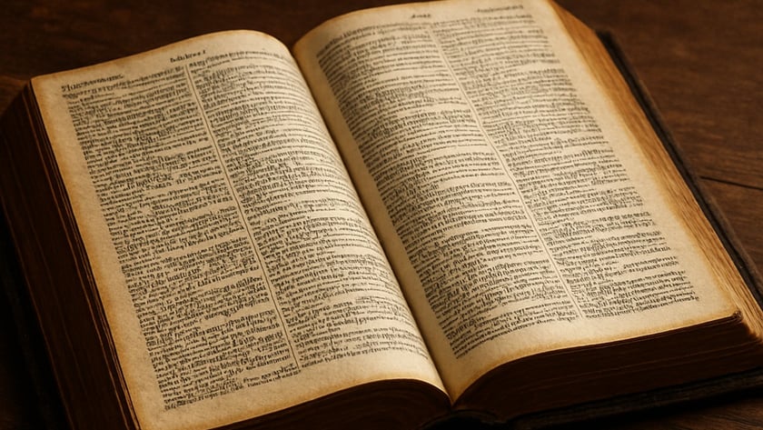 Livro antigo aberto sobre uma mesa de madeira escura, com páginas de texto em duas colunas.
