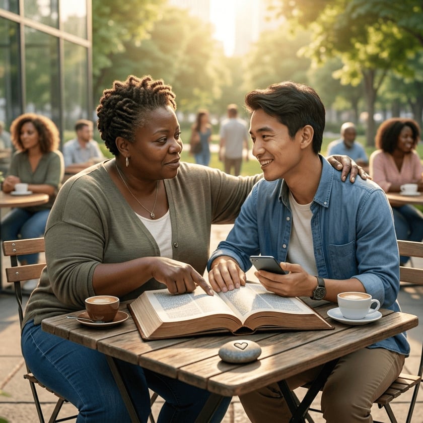 Mulher aponta um livro aberto a um jovem com celular, em café ao ar livre.