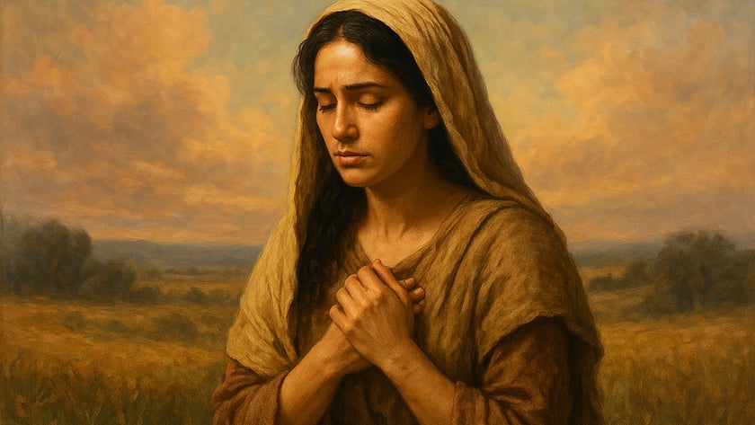 Mulher ajoelhada num campo, com manto na cabeça, olhos fechados e mãos sobre o peito.