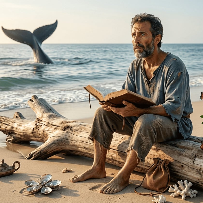 Homem barbudo de roupas rasgadas lê um livro sobre um tronco na praia, com baleia ao fundo.