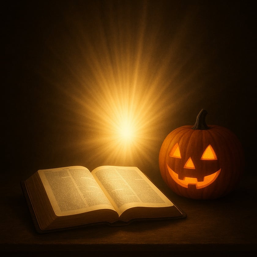Bíblia aberta sobre uma mesa, ao lado de uma abóbora de Halloween entalhada e acesa.