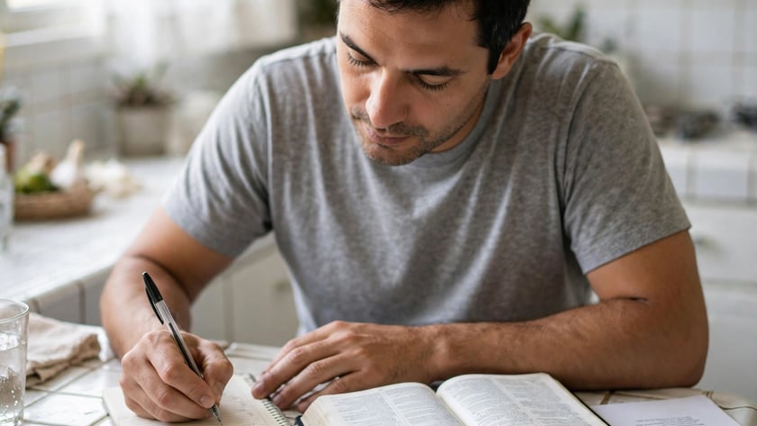 Homem escreve em um caderno ao lado de uma Bíblia aberta, sentado à mesa de uma cozinha.