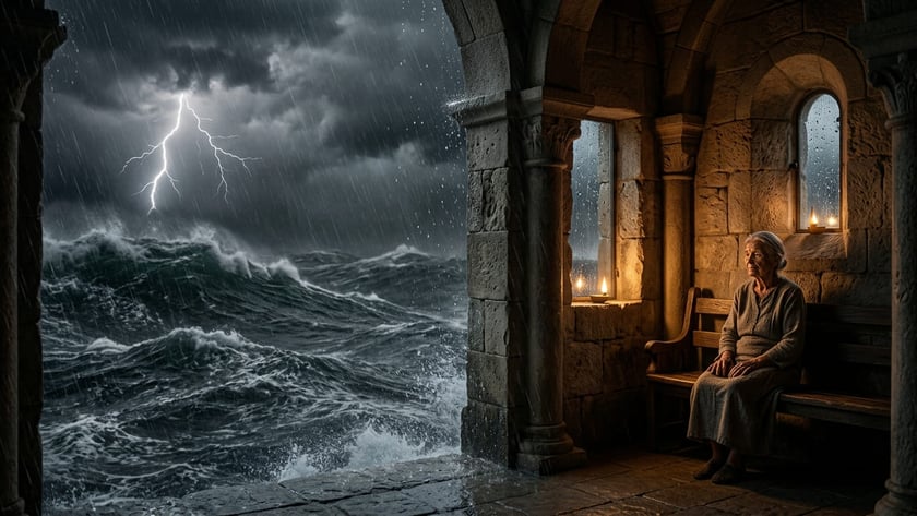 Mar tempestuoso com raio e chuva visto de uma arcada de pedra com vela acesa.