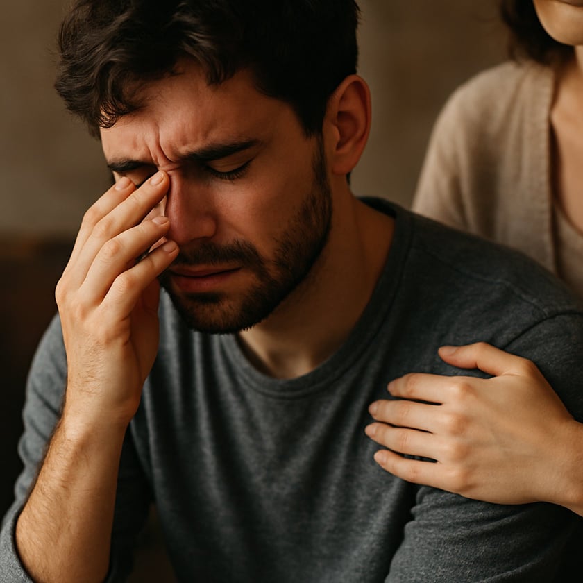 Homem de barba com a mão no rosto, enquanto mão de mulher toca seu ombro.