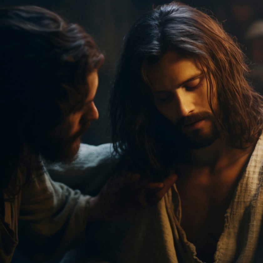 Dois homens de cabelo comprido e barba, um deles apoia a mão no ombro do outro.