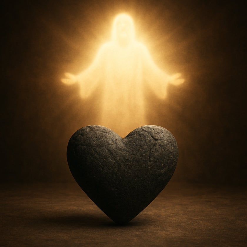 Coração de pedra escura diante de uma figura luminosa de braços abertos.