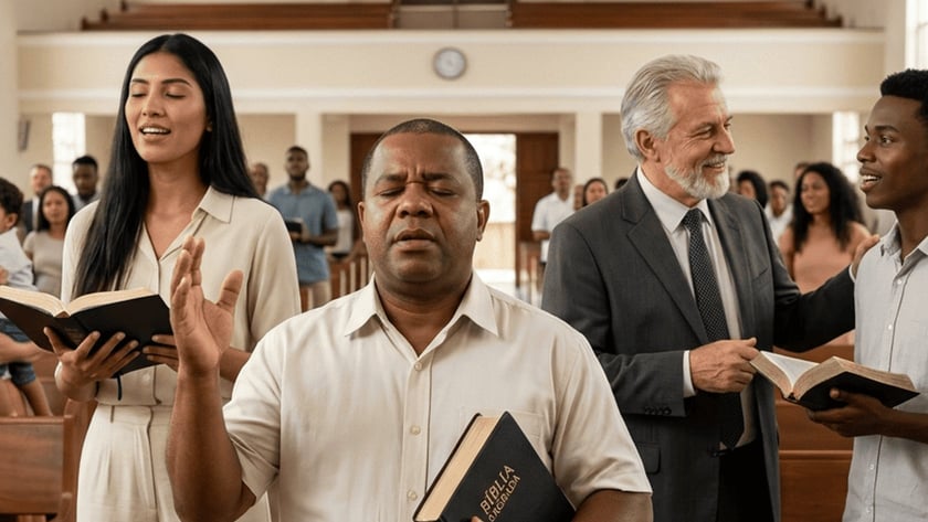 Fiéis em uma igreja cantam e oram segurando Bíblias; um senhor conversa com um jovem.